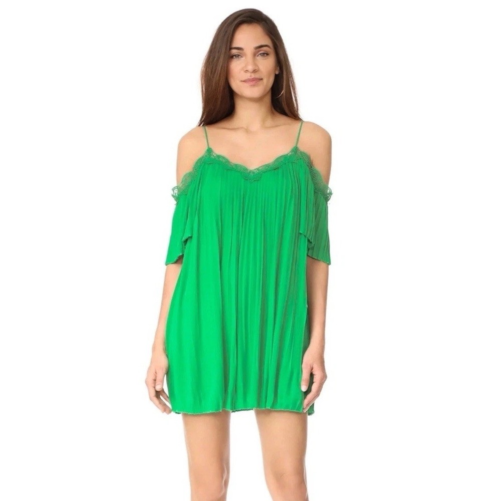 ALICE + OLIVIA Cold Shoulder Crepe Pleated Mini Dress Green Women's M